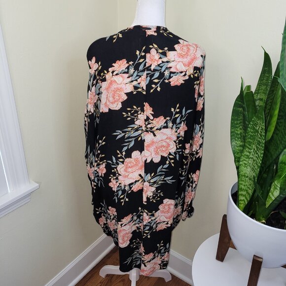 Billabong Floral Kimono Black Pink Floral Open Front Cardigan Women's S/M - Picture 7 of 13